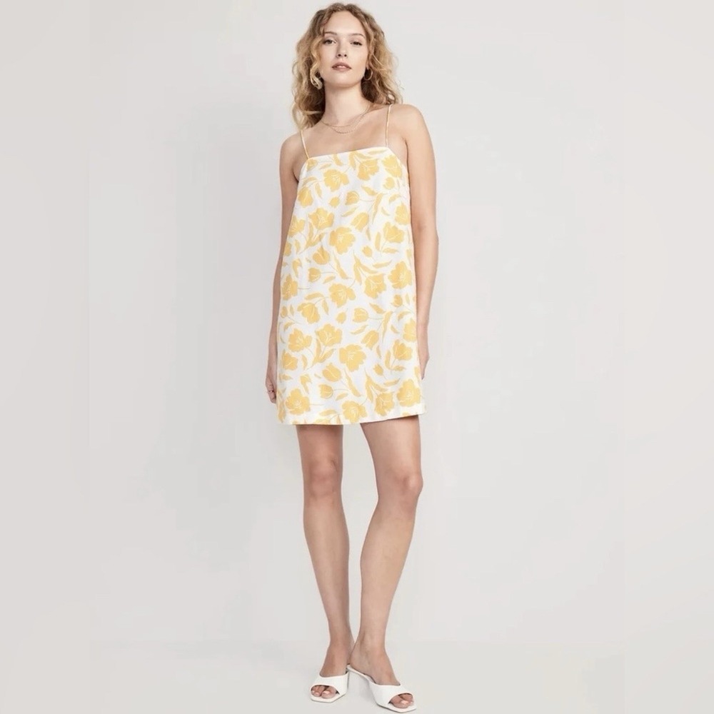 Old Navy Dress Womens Sz M Yellow Floral Cami Mini Sundress Linen Blend New